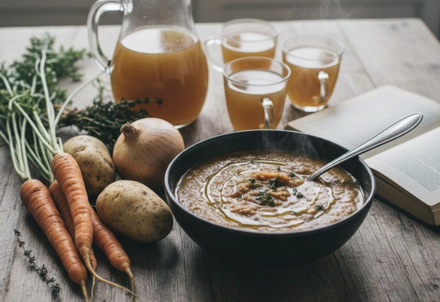 In Illinois, rustic wooden table featuring a bowl of hearty roasted root vegetable soup topped with oil and herbs, alongside fresh carrots, potatoes, and an onion.